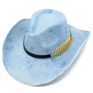 Light blue tie-dye denim wide brim fedora hat with black band and gold wheat pin