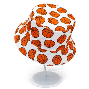 White bucket hat with orange basketball print pattern for outdoor sun protection