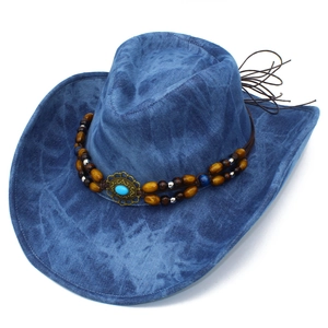Classic blue washed denim cowboy hat with beaded band and turquoise stone detail