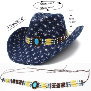 Detailed view of dark blue distressed denim cowboy hat with beads and size dimensions