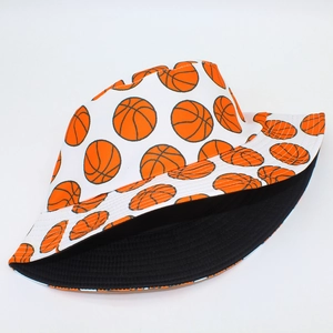 Reversible bucket hat with cartoon basketball pattern and black inner lining for sun protection