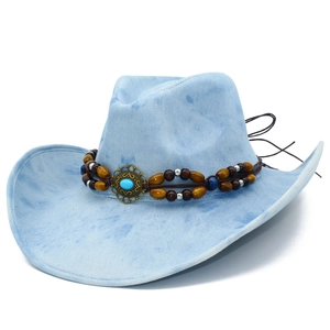 Vintage light blue denim cowboy hat with wide brim and ethnic beaded turquoise band