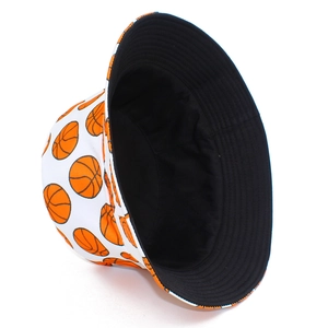 Reversible bucket hat with cartoon basketball pattern and black lining for sun protection