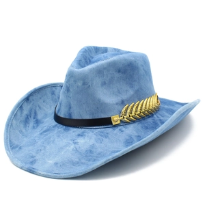 British style blue tie-dye wide brim fedora hat with gold leaf buckle and leather band