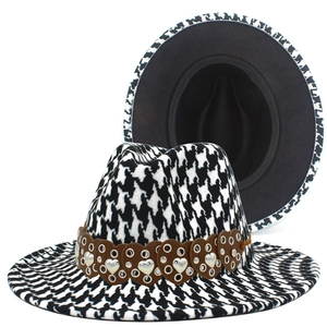 Women Vintage Houndstooth Fedora Hat With Heart Rivet Leather Belt Punk Street Style Jazz Hat For Party Daily Travel