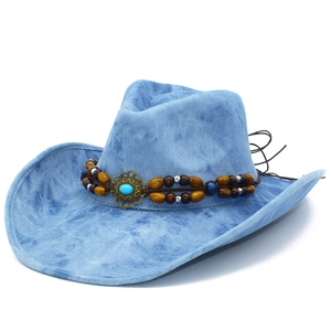 Vintage Western Cowboy Hat Washed Denim Wide Brim Sun Hat With Beaded Ethnic Hatband For Men Women Outdoor Travel Hat