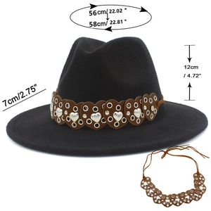 Detail view of black wool fedora with brown leather belt and heart metal studs