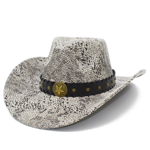 Chapeau de Cow-boy de l'Ouest Hommes Femmes Motif Peau de Serpente Fedora Jazz Étoile Or Rivets Métal Large Bord Fête