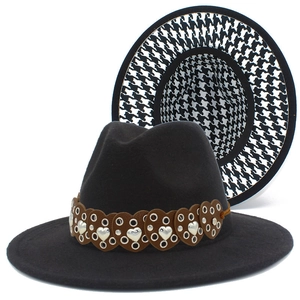 Black wool fedora hat with heart stud leather belt and houndstooth lining interior