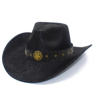 Chapeau de cow-boy noir texturé avec bandeau en cuir clouté et emblème d'étoile dorée