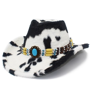 Western Kuh-Print Kunstpelz Cowboyhut Bohemian Perlenband Künstlicher Türkis Breite Krempe Winter Warmer Jazzhut Für Damen Herren