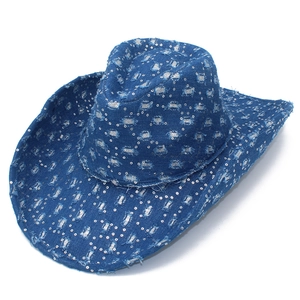 Close-up of distressed denim cowboy hat featuring silver sequins and a bull head ornament