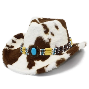 Western Cowboyhut mit Kuhmuster Kunstpelz und Türkis Perlenband Dekoration