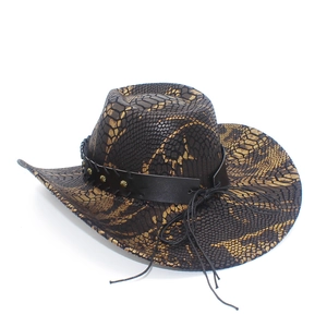 Chapeau de cowboy western classique en similicuir de serpent marron avec bande à rivets