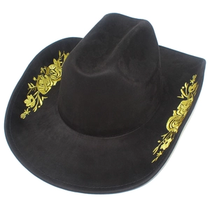 Classic black suede cowboy hat with ornate golden floral embroidery on the brim