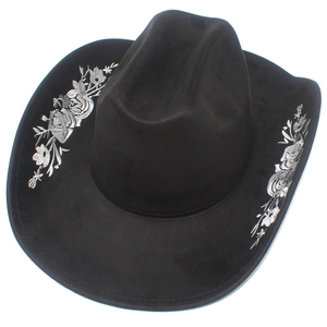 Elegant black suede cowboy hat featuring intricate floral embroidery on both sides