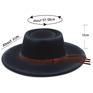 Detail of felt fedora hat with brown braided leather band and size measurements