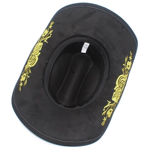 Detail of golden rose floral embroidery on black suede wide brim cowboy hat with inner label