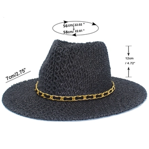 Detailed dimensions of black wide brim sun hat with gold chain and size chart