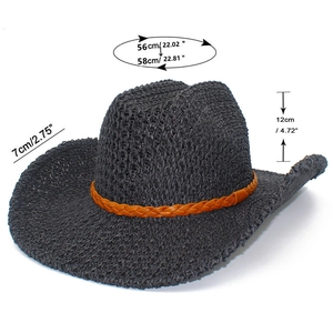 Detailed size chart for dark gray woven cowboy hat with 7cm brim and 12cm crown height