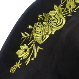 Black suede fedora hat with gold rose embroidery and stylish three-dimensional floral design