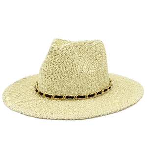 Classic beige wide brim straw fedora hat for sun protection with a stylish metal chain band