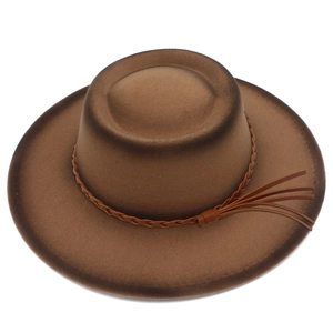 Brown wool felt fedora with a flat top and braided band with tassel details