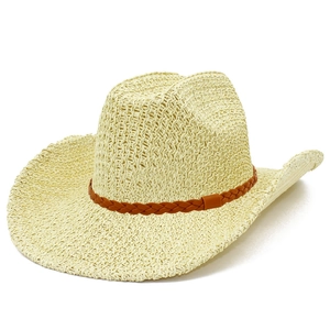 Woven hollow straw western cowboy hat in beige with brown decorative band for sun protection