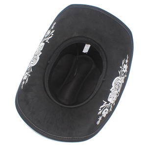 Vintage American style black western cowboy hat featuring floral embroidery on the brim