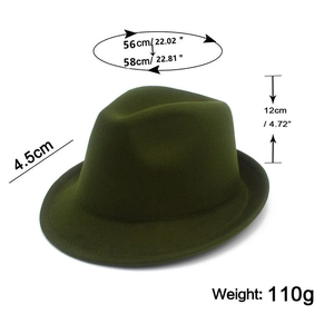 Detailed dimension guide for dark green wool fedora hat with brim and crown measurements