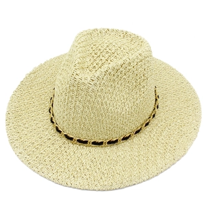 Beige wide brim straw sun hat with decorative black and gold woven chain band for summer