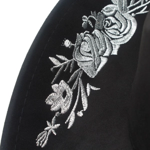 Black faux suede cowboy hat featuring detailed silver rose embroidery on the side