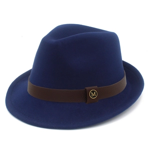 Classic dark blue wool fedora hat with brown leather band and gold M metal logo