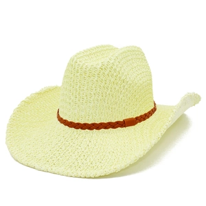 Hollow weave cowboy straw hat in cream yellow with a stylish brown braided band