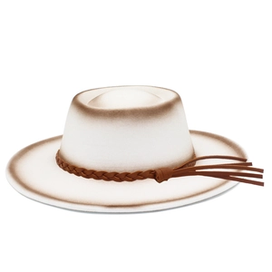 Detail of wool fedora hat with gradient brown brim and braided leather tassel band