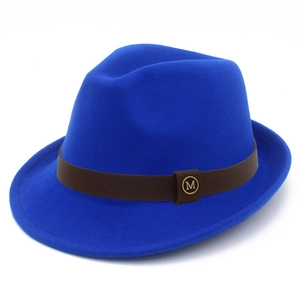 Classic royal blue wool fedora hat with brown leather band and gold metal logo charm