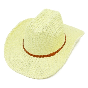 Close-up of hollow woven straw cowboy hat with a brown decorative band and breathable texture