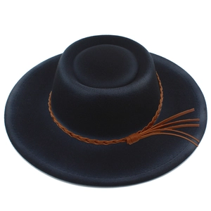 Classic black flat top wool felt hat with brown braided tassel band and wide brim