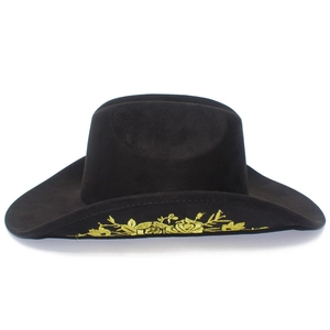 Classic black suede cowboy hat with golden floral embroidery and wide curved brim