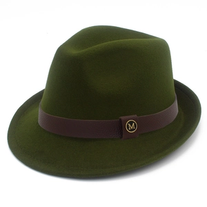 Vintage army green wool fedora hat with brown leather band and gold M letter detail