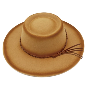 Brown wool felt wide brim hat with woven rope band and tassel detail on white background