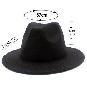Classic black wool fedora hat detail with 57cm circumference and 7cm wide brim measurement