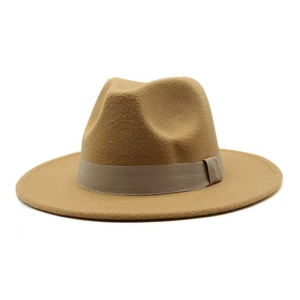 Detailed texture of the wool felt fabric and grosgrain ribbon on the camel fedora hat