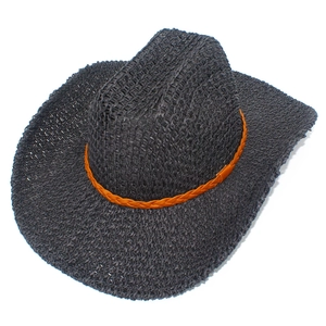 Classic black woven straw cowboy hat with a bright orange decorative braided band
