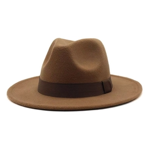 Detailed view of camel wool felt fedora with a tear-drop crown and dark brown ribbon