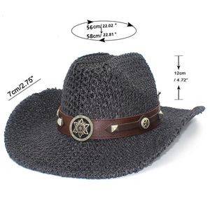 Détail d'un chapeau de cow-boy gris foncé avec dimensions et emblème d'étoile en métal