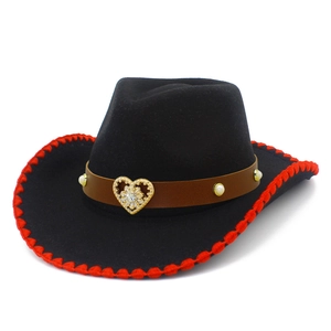 Cappello da Cowboy Western Donna Uomo Fibbia in Metallo a Cuore Decorazione con Künstliche Perle Cinturino in Ecopelle Cuciture a Contrasto Cappello Fedora
