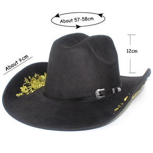 Detail view of black suede cowboy hat featuring golden floral embroidery and size specs