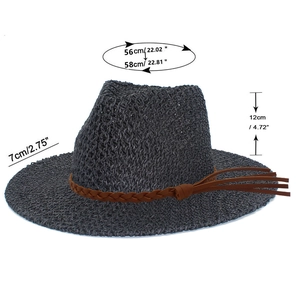 Detailed dimension guide for dark gray straw hat showing brim width and crown height
