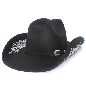 Western Cowboy Hat Faux Suede Embroidered Floral Fedora Hat With Leather Belt Buckle For Men Women Outdoor Party Wear